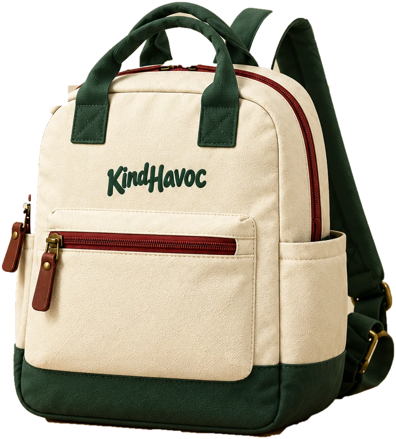 Kind Havoc compact backpack in cream with a forest-green base, burgundy zippers and brass hardware. Concept render.
