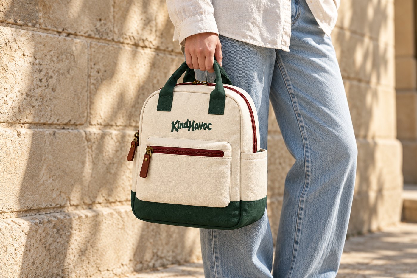 Someone carrying the Kind Havoc backpack by its handles along a stone wall in afternoon light. Lifestyle concept.