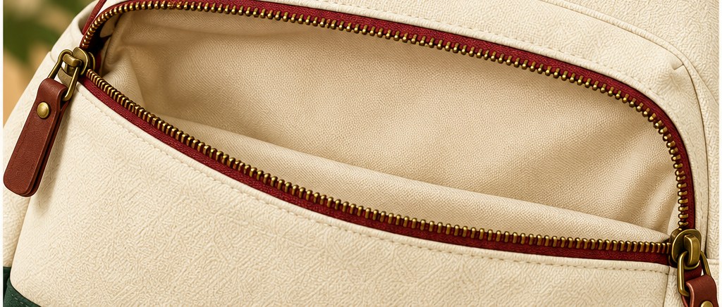 Open burgundy zipper with brass-tone hardware, a brown zipper pull and the plain cream lining. Concept render.