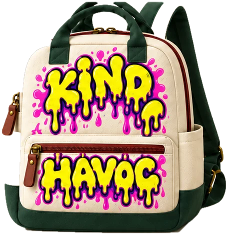 Meltdown graphic edition backpack: dripping acid-yellow Kind Havoc lettering with purple and pink. Concept render.