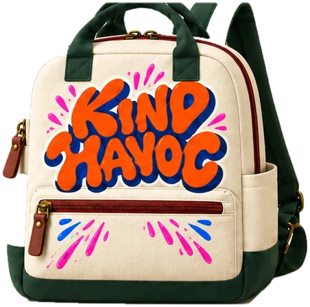 Wild Type graphic edition backpack: orange and cobalt Kind Havoc lettering. Concept render.